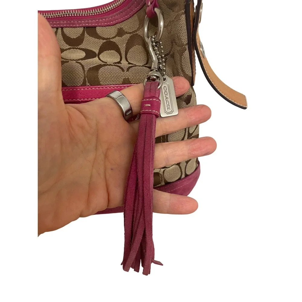 Coach Vintage Duffle Bag Signature Monogram Pink Suede Trim Tassel 9362